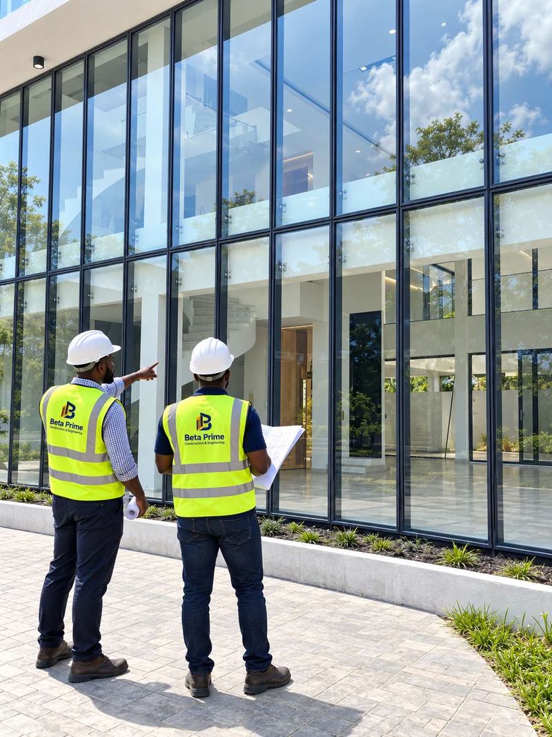 Engineers inspecting a full-height curtain wall glazing system
