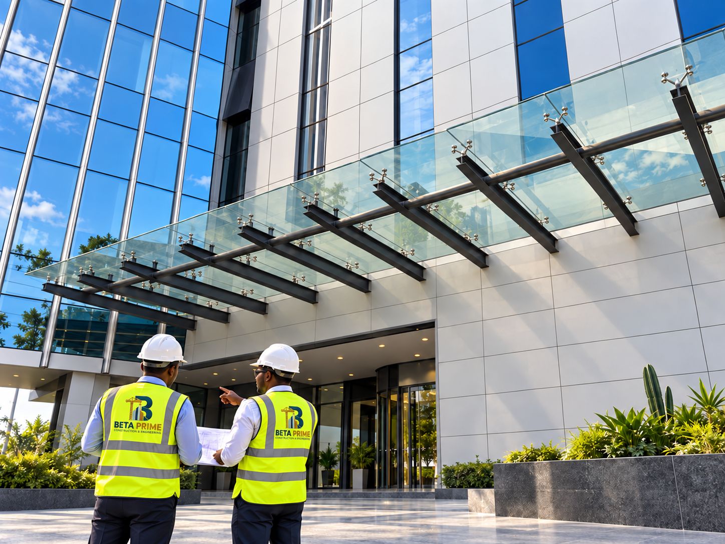 Beta Prime engineers reviewing drawings outside a glazed commercial building