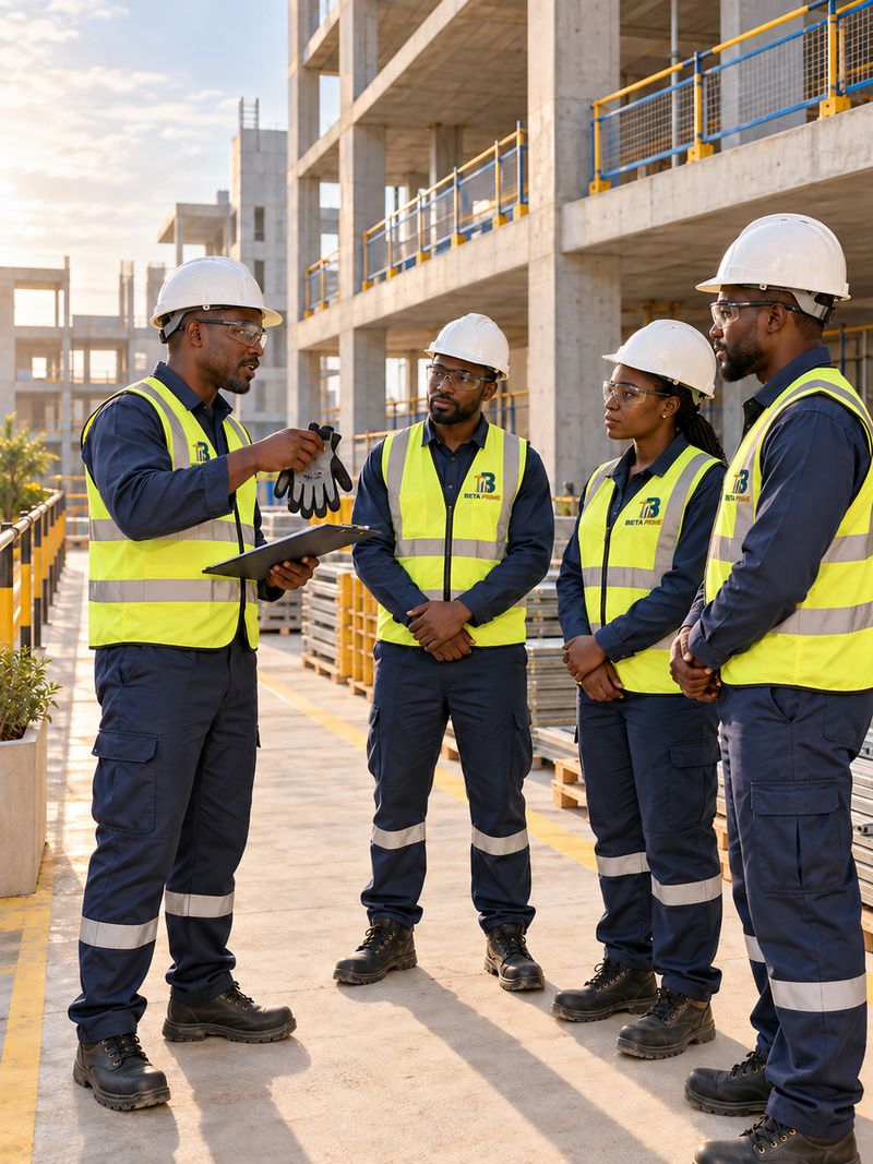 Beta Prime site team in full PPE holding a toolbox briefing