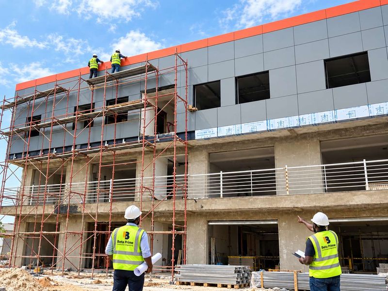 Scaffolded building under renovation with new cladding panels